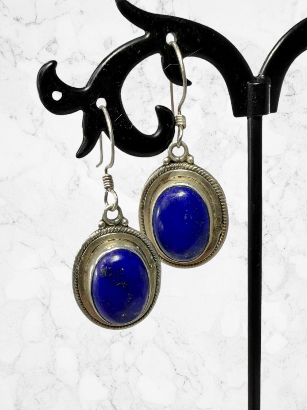 Vintage Sterling Silver 925 Hook Earrings Blue Lapis Lazuli Bezel Oval Cabochon